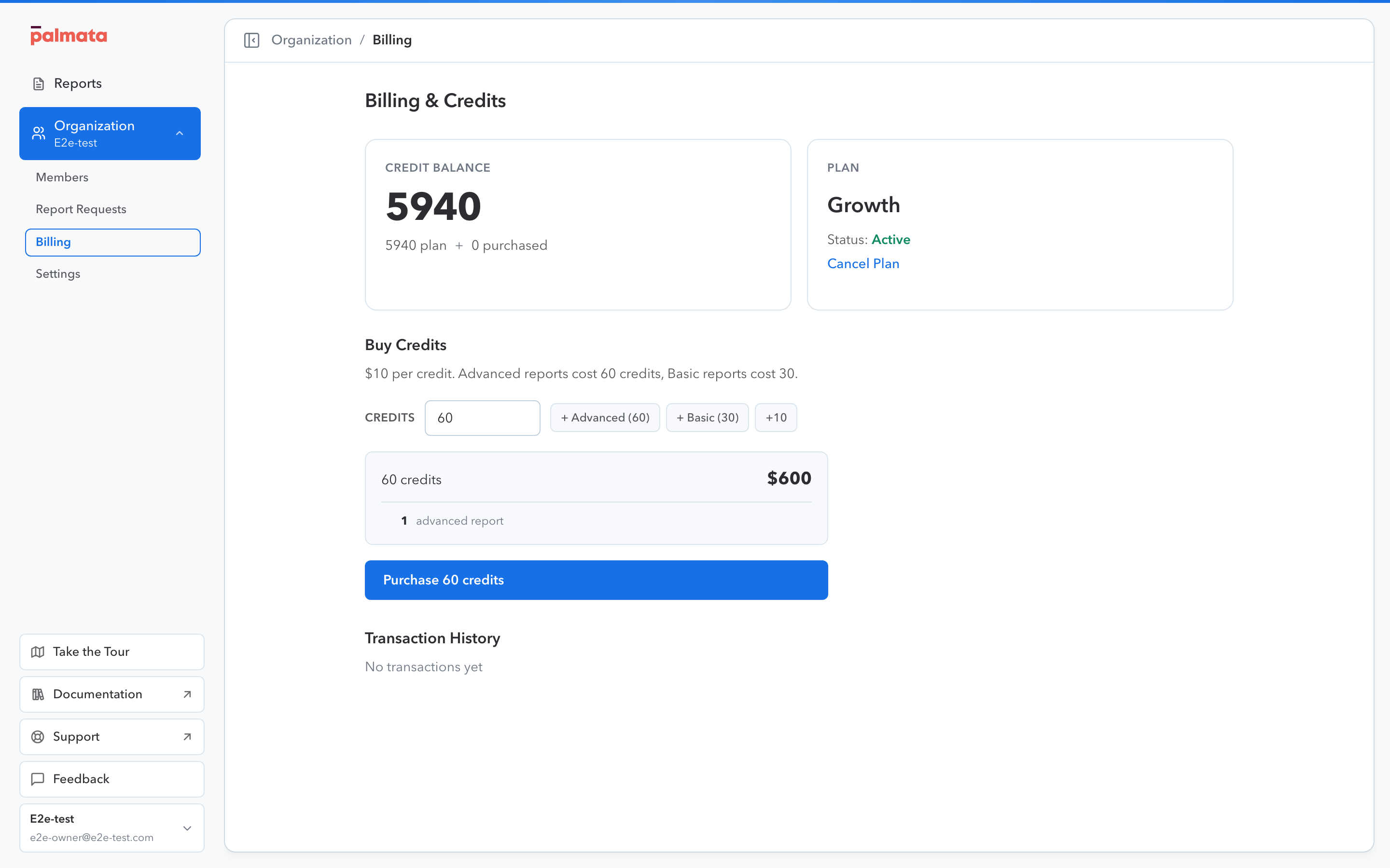 The Billing tab showing the current plan, credit balance, and plan options