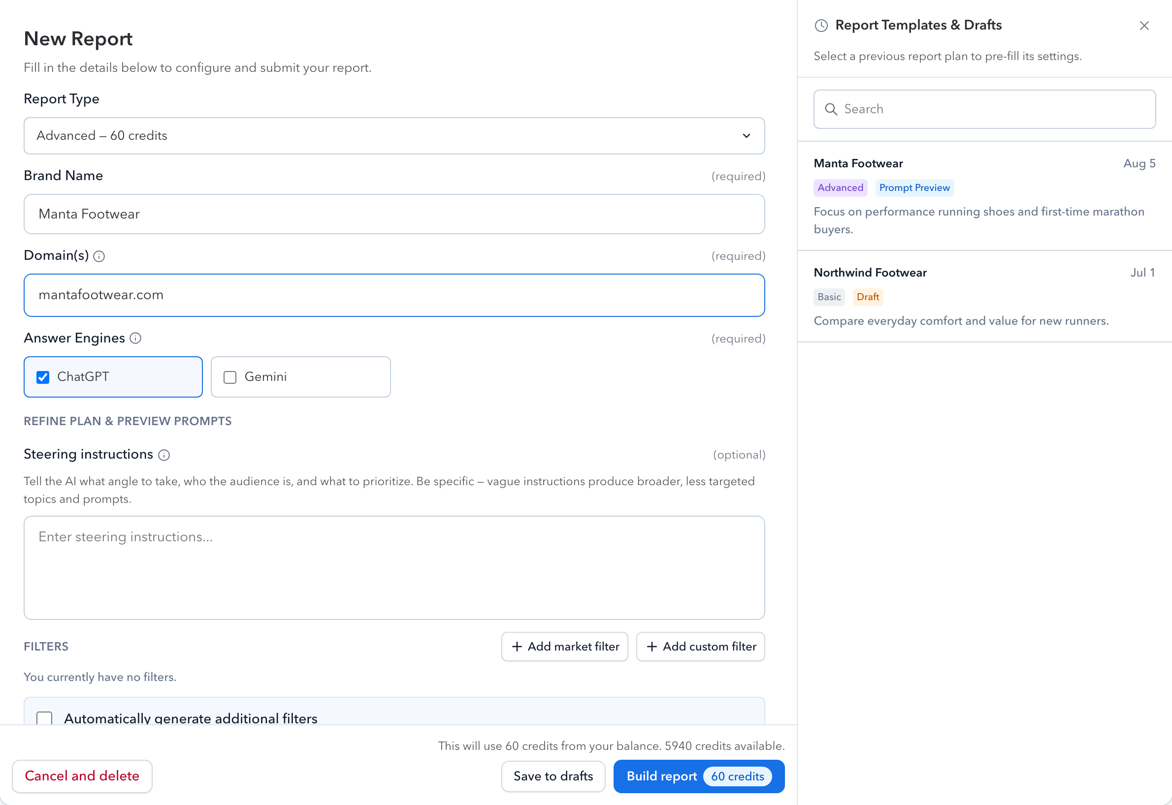 The New Report builder with report settings and reusable templates