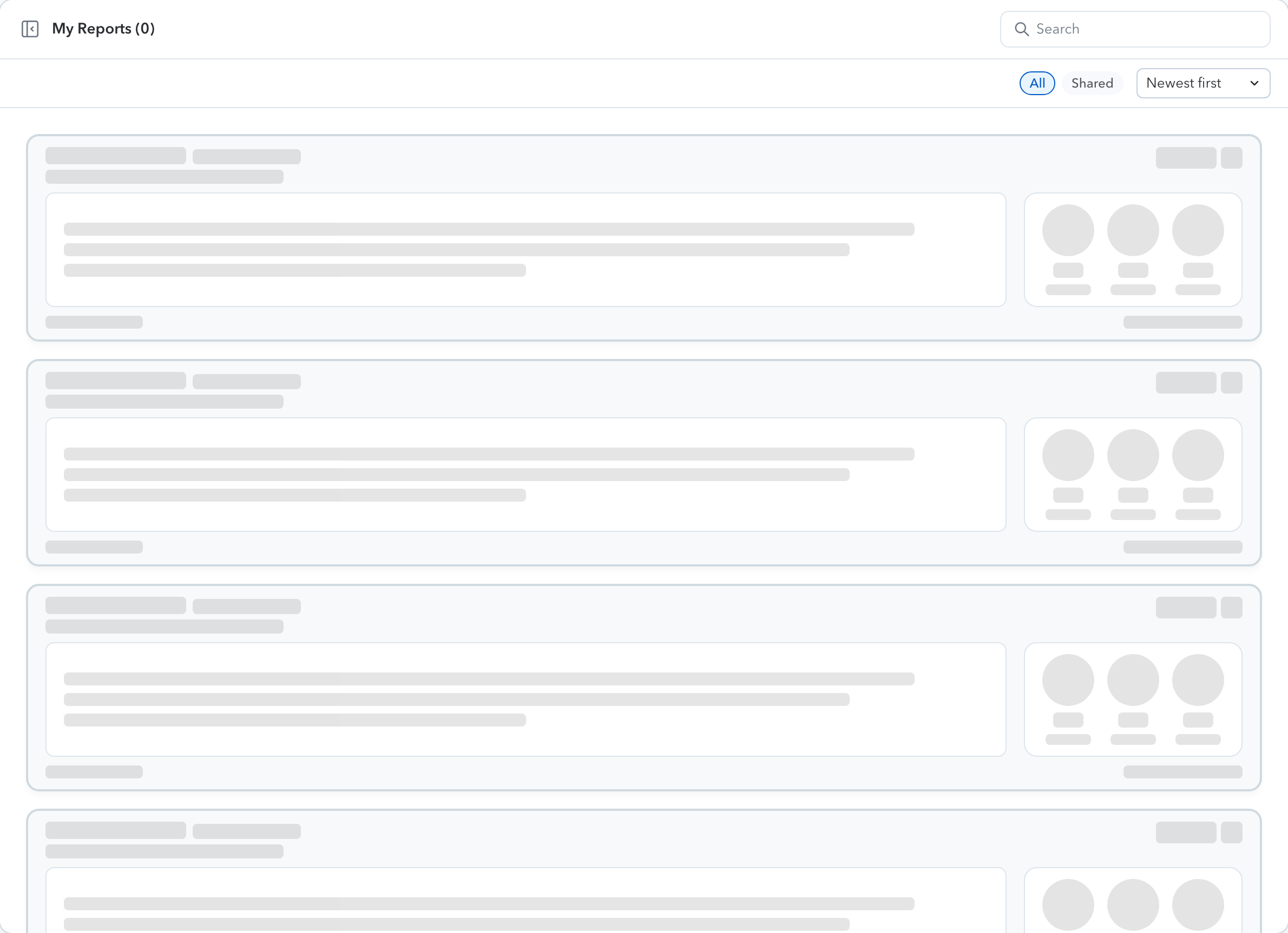 The report list, where finished and in-progress reports appear with status badges