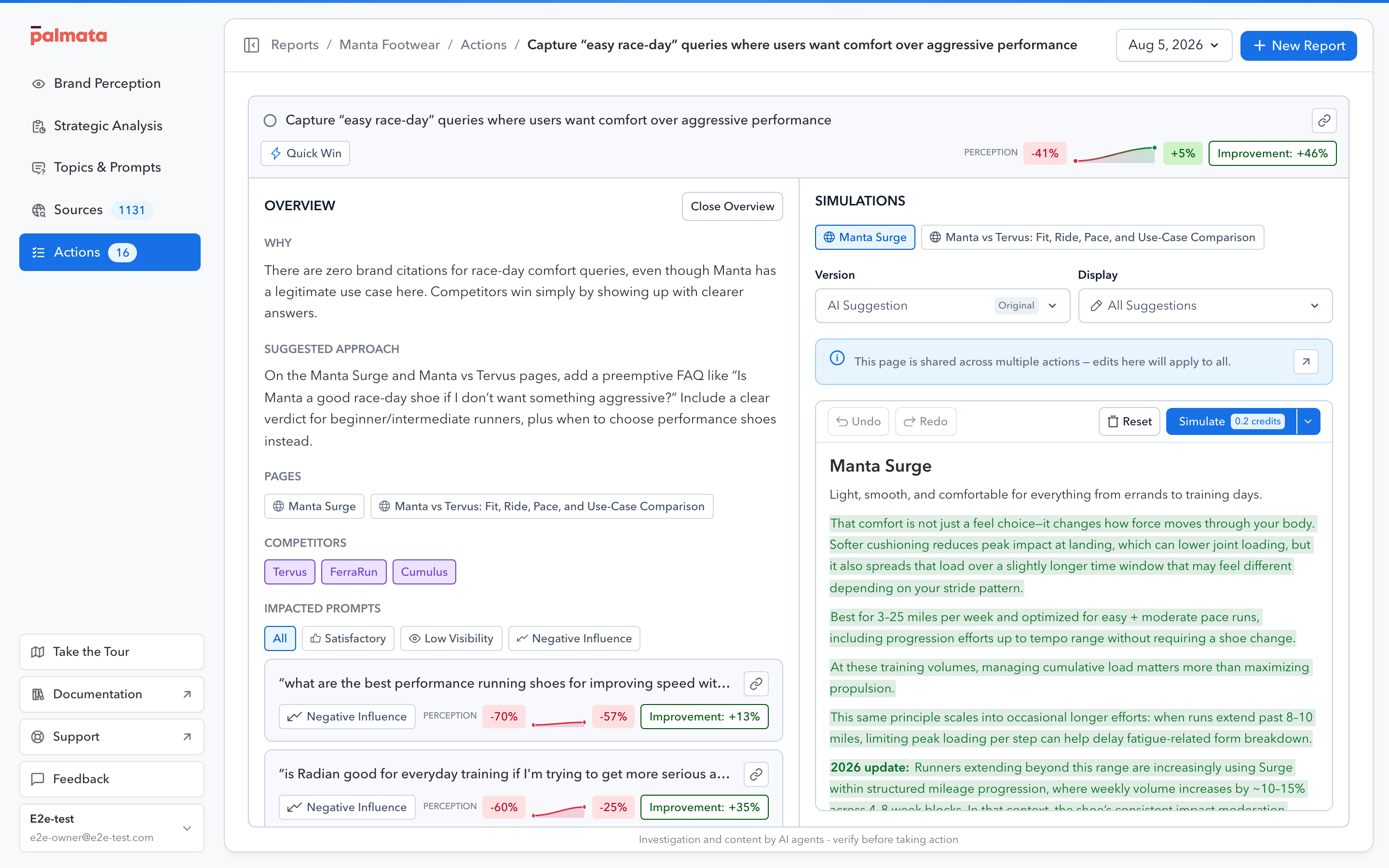 An open action showing its pages, rationale, suggested approach, and predicted impact