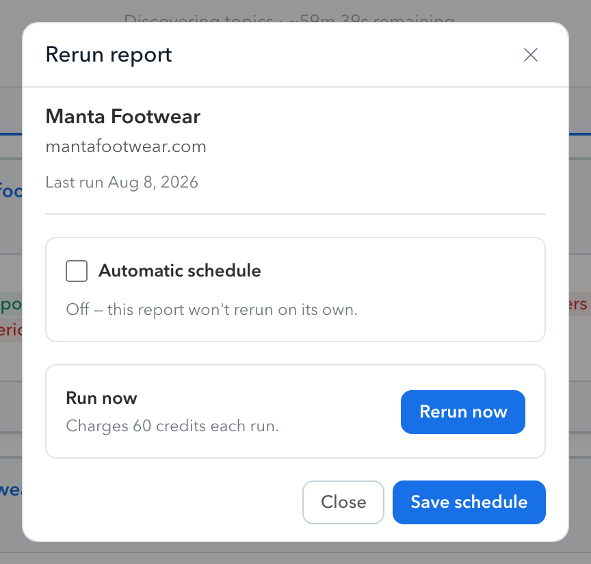 The Rerun report panel, with automatic schedule controls and a Run now action