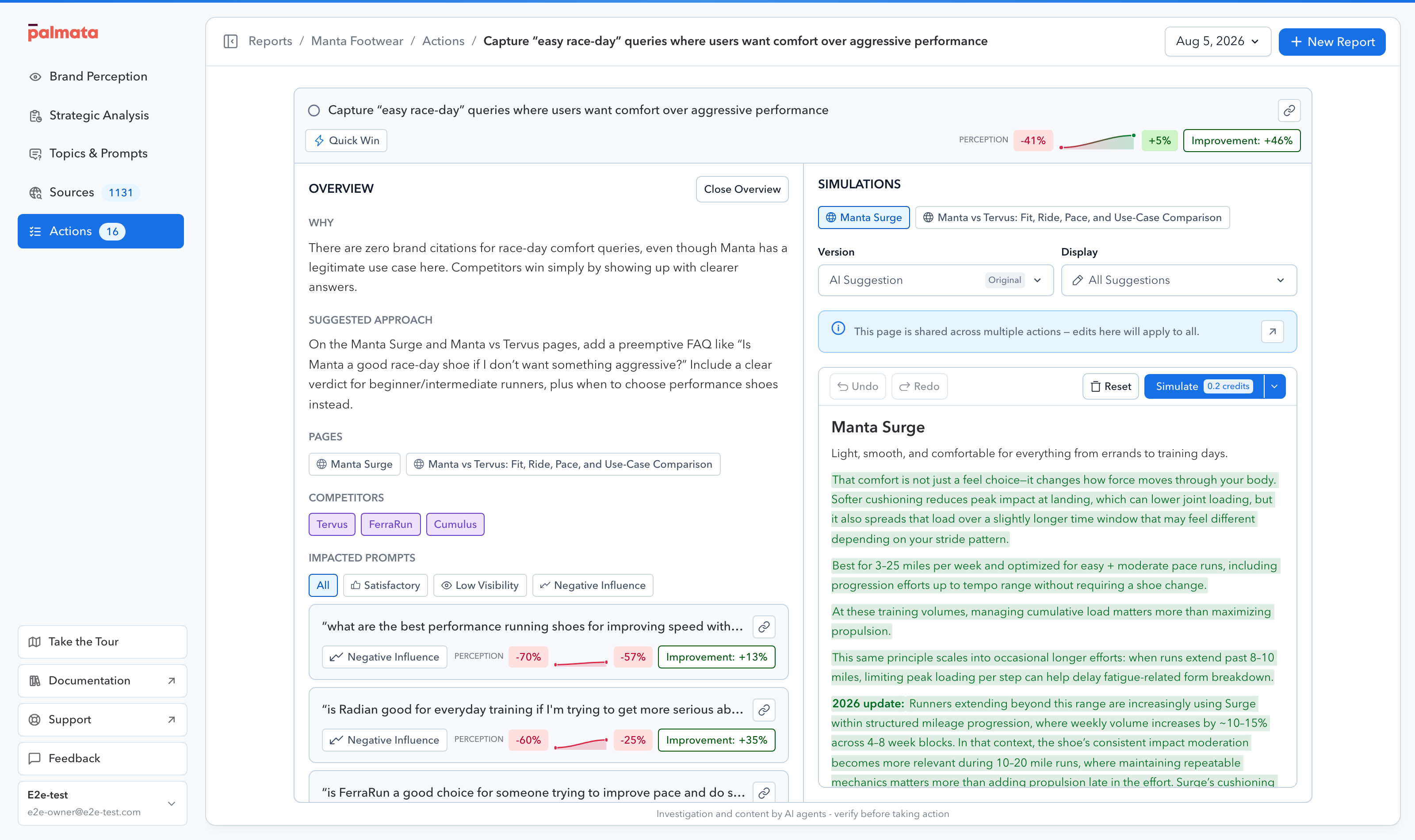 An action open in the two-panel simulation workspace, with its rationale and affected prompts beside the page editor