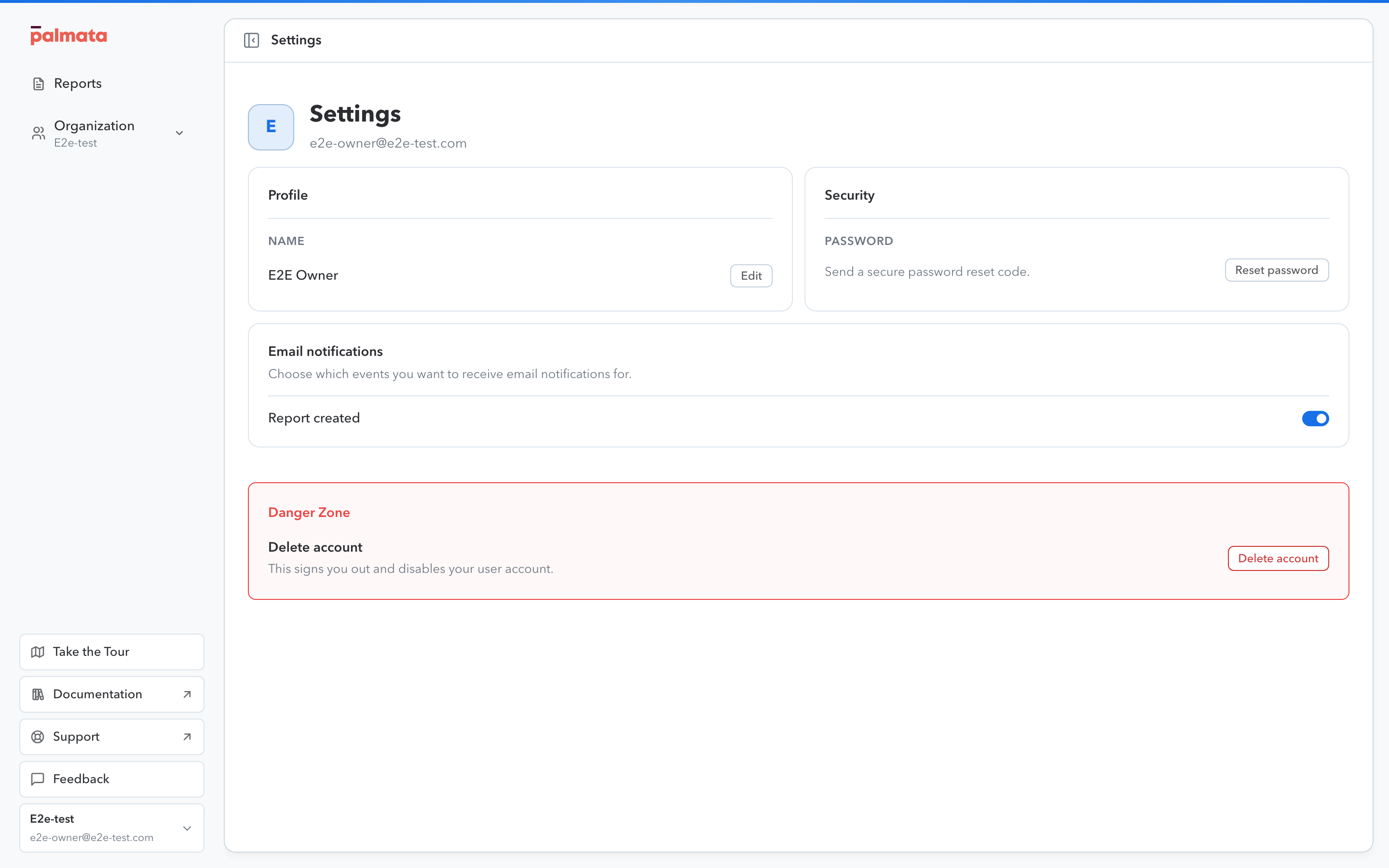 The account settings page with name, password, notifications, and account deletion
