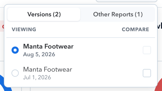The version menu with Viewing and Compare columns for the July and August Manta Footwear reports